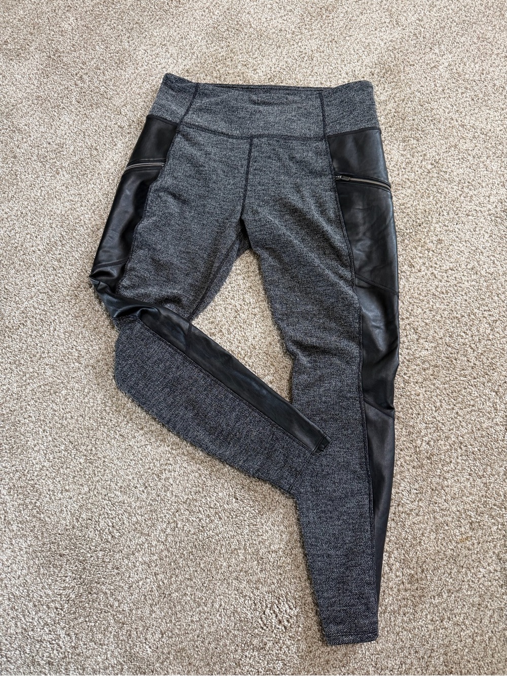 Athleta Gray Leggings with Black Faux-Leather Panels